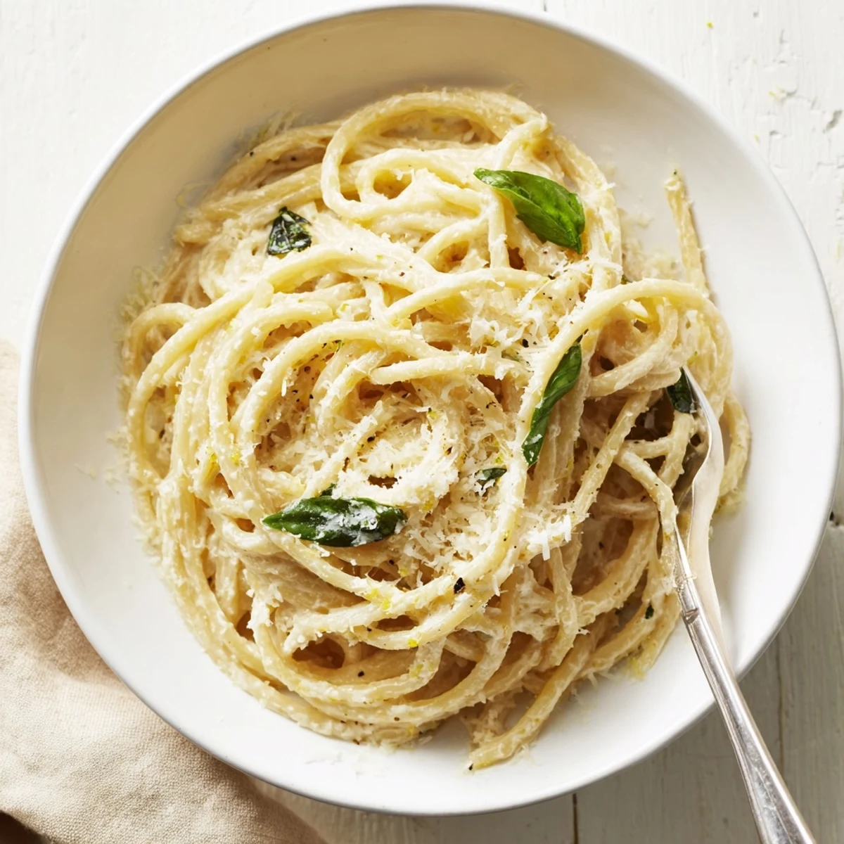 A fork twirls al dente spaghetti coated in creamy Lemon Ricotta Pasta, topped with grated Parmesan and bright lemon zest.