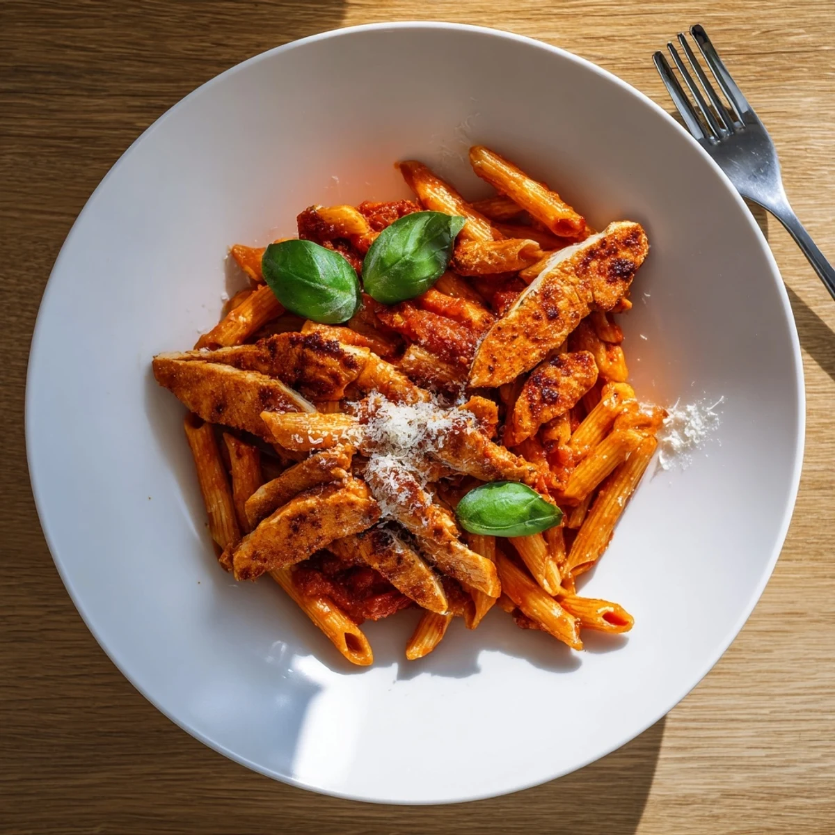 Overhead view of Spicy Tomato Chicken Pasta plated with a vibrant red chili tomato sauce, fresh basil, and a light sprinkle of Parmesan cheese.