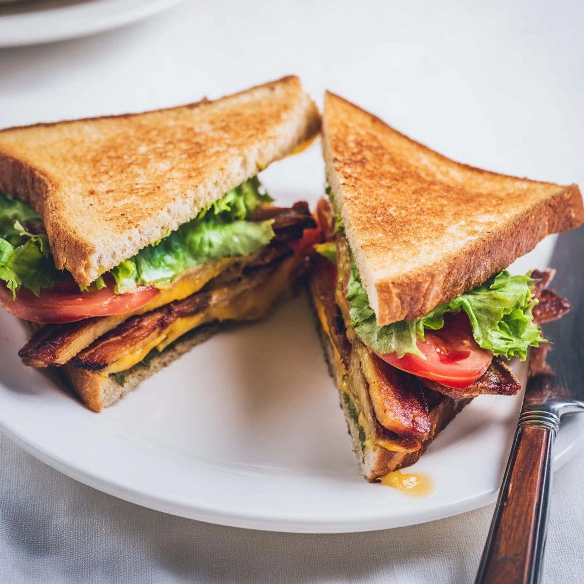 Golden-brown sourdough grilled cheese layered with smoky tempeh bacon, fresh lettuce, tomato slices, and melted vegan cheese.