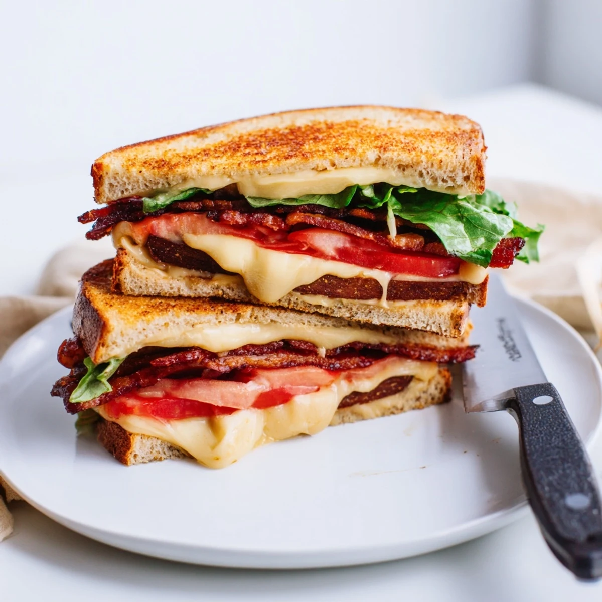 Vegan Bacon BLT Grilled Cheese, grilled to perfection and sliced to reveal the colorful, plant-based ingredients inside.