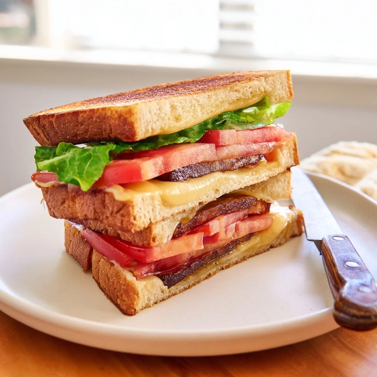 Two servings of Vegan Bacon BLT Grilled Cheese on a rustic plate, with a side of crisp lettuce and tomato.