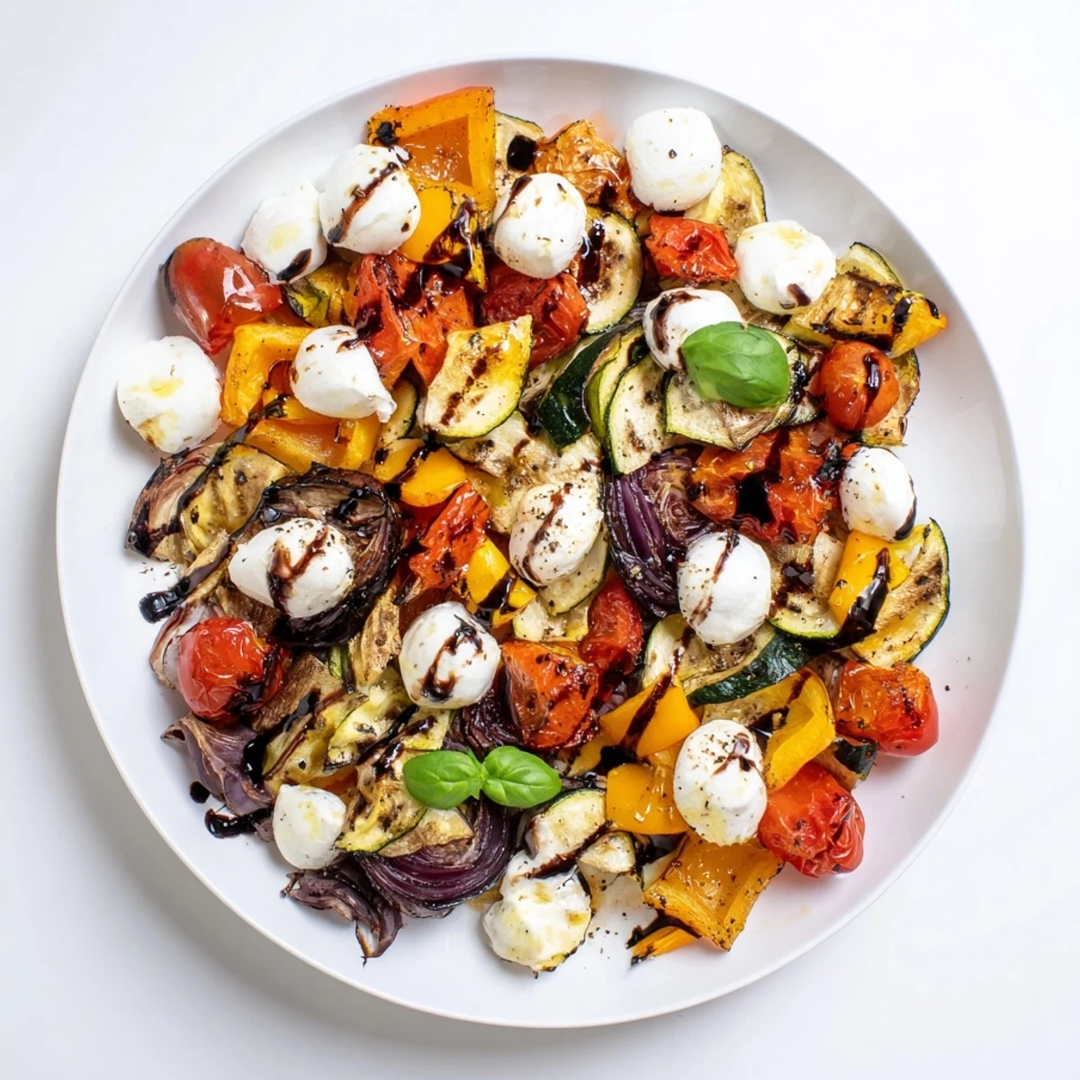 Roasted Veggie Caprese Salad with caramelized zucchini and bell peppers on a serving platter.