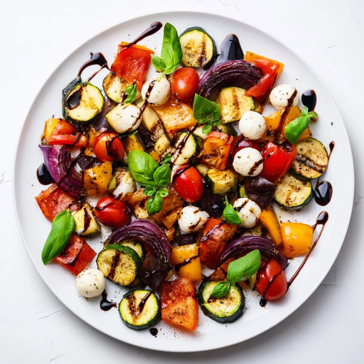 A warm Roasted Veggie Caprese Salad featuring mozzarella pearls and fresh basil leaves.
