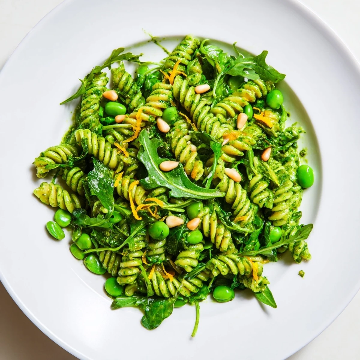 Spring Green Pesto Pasta Salad served chilled, showcasing toasted pine nuts, bright lemon zest, and crumbled feta on a rustic picnic table.  