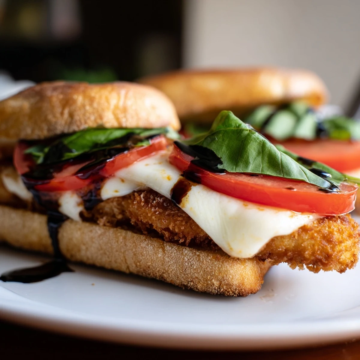 A close-up of a crispy chicken caprese sandwich with melted cheese, basil, and balsamic drizzle on a rustic wooden board.