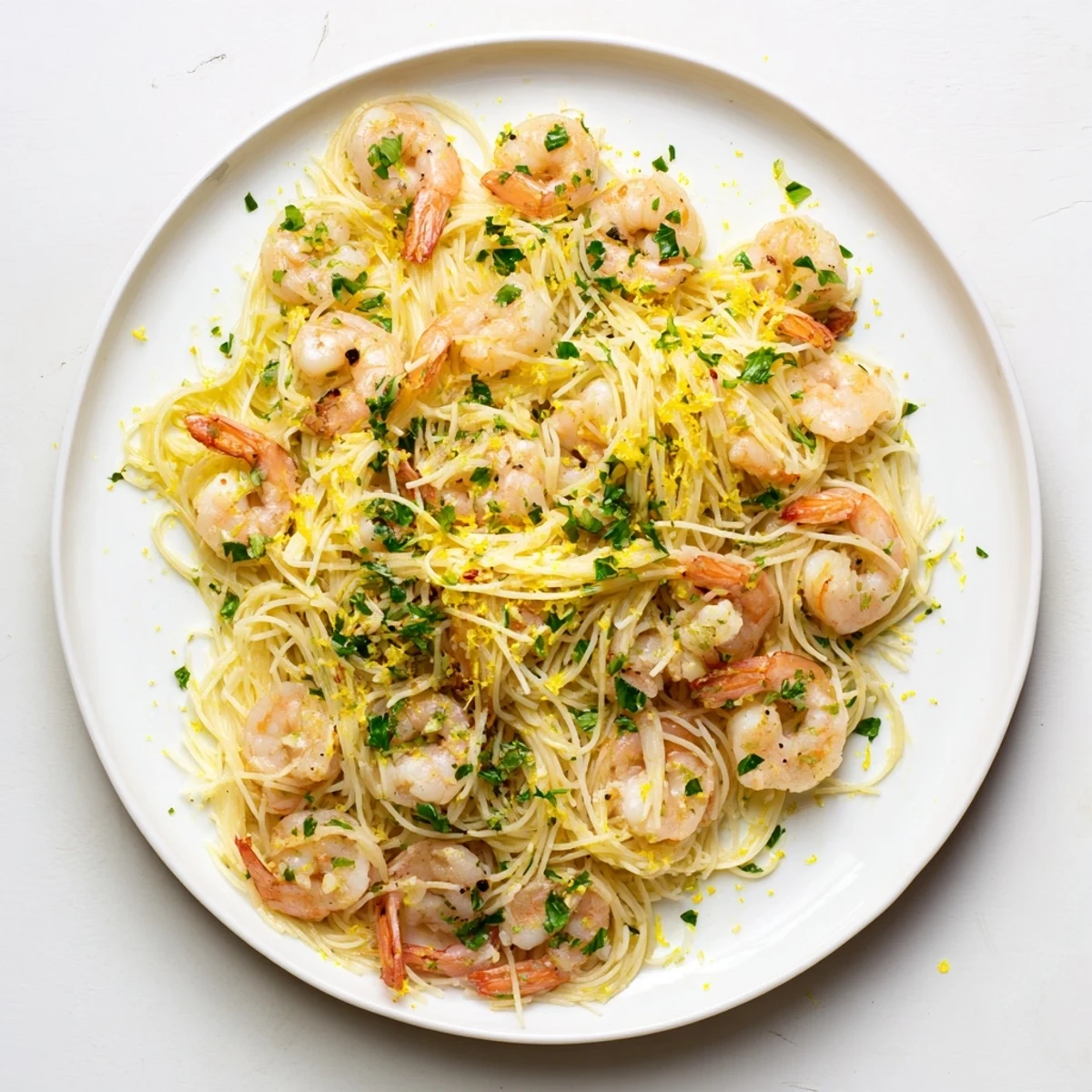 Bright lemon slices and a sprinkle of fresh parsley accent this easy, light pasta dish, showcasing the tender sautéed shrimp in a vibrant, buttery sauce.  