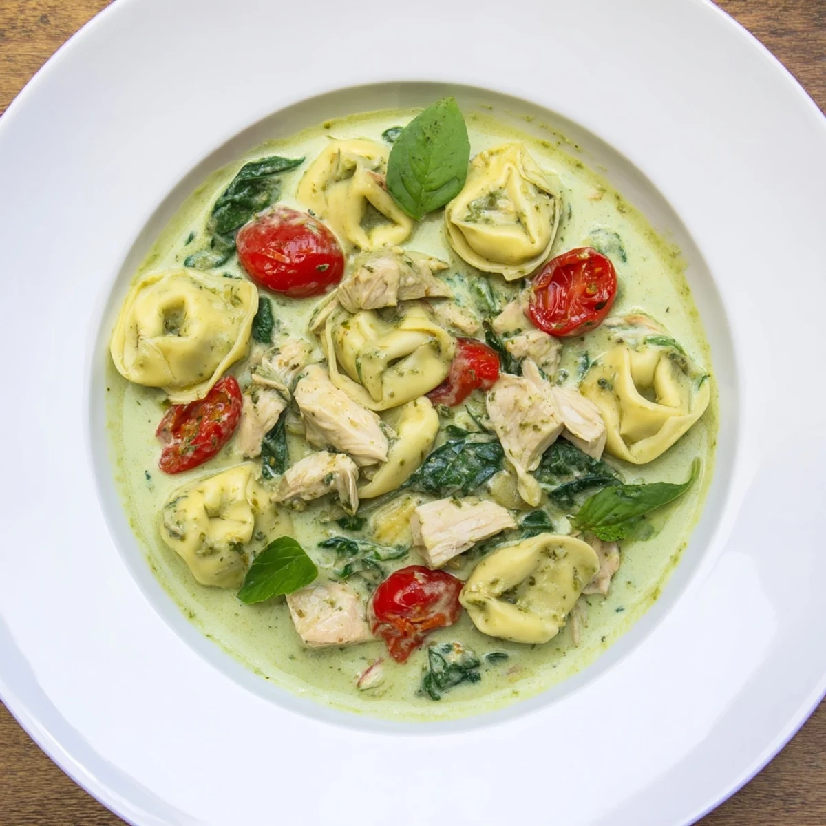 A close-up of cheese tortellini coated in basil pesto cream sauce, garnished with fresh basil.  