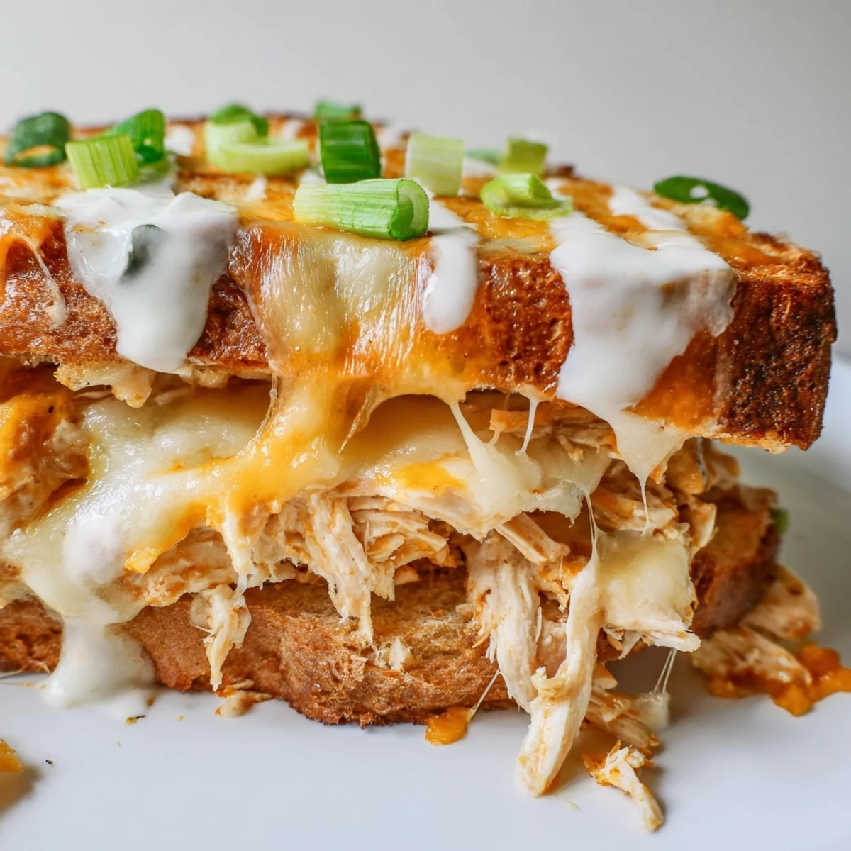 Golden-brown Buffalo Chicken Ranch Grilled Cheese sandwiches cut diagonally, revealing melted cheddar and shredded buffalo chicken inside.