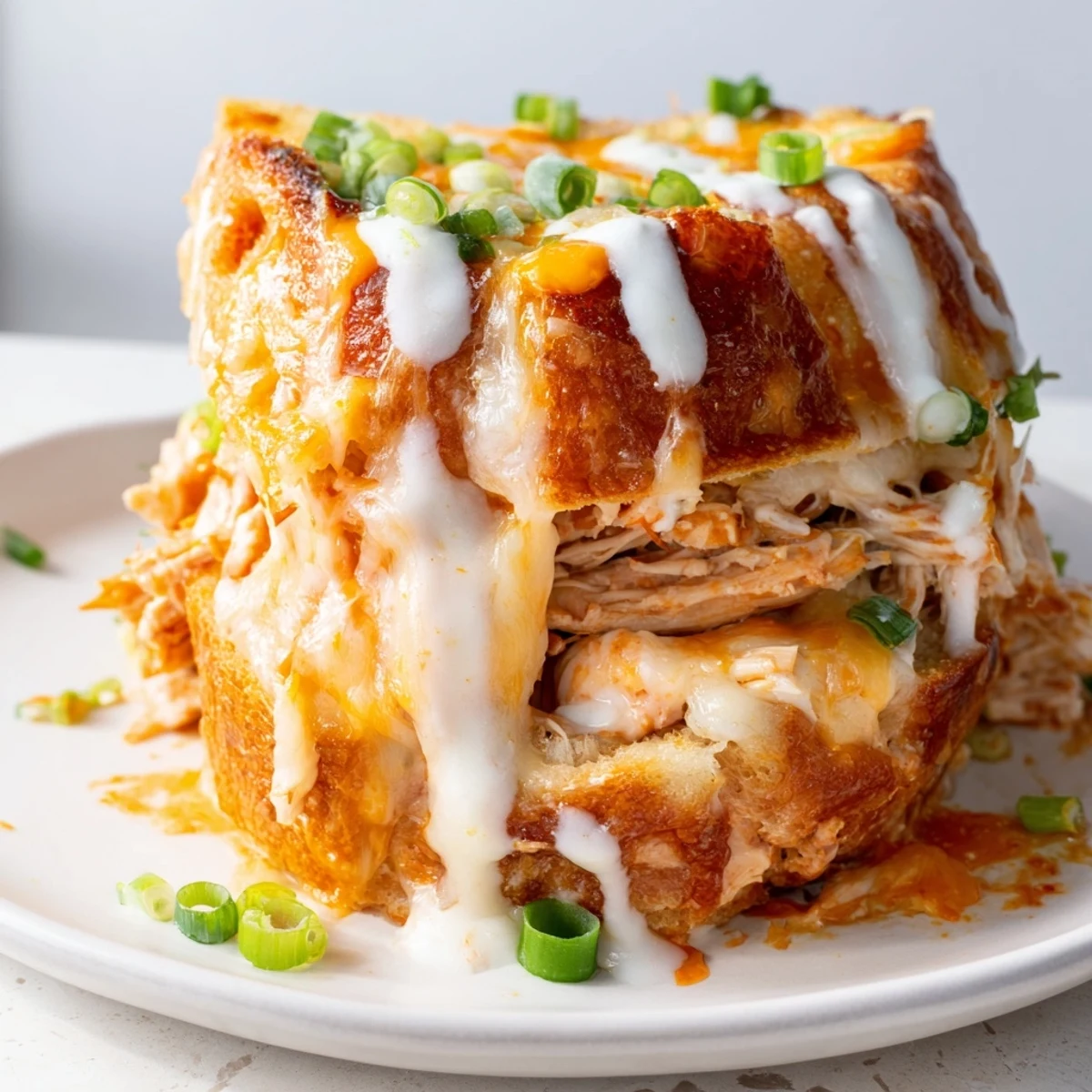 A close-up of a Buffalo Chicken Ranch Grilled Cheese on a wooden board, steam rising from the melted cheese and spicy filling.