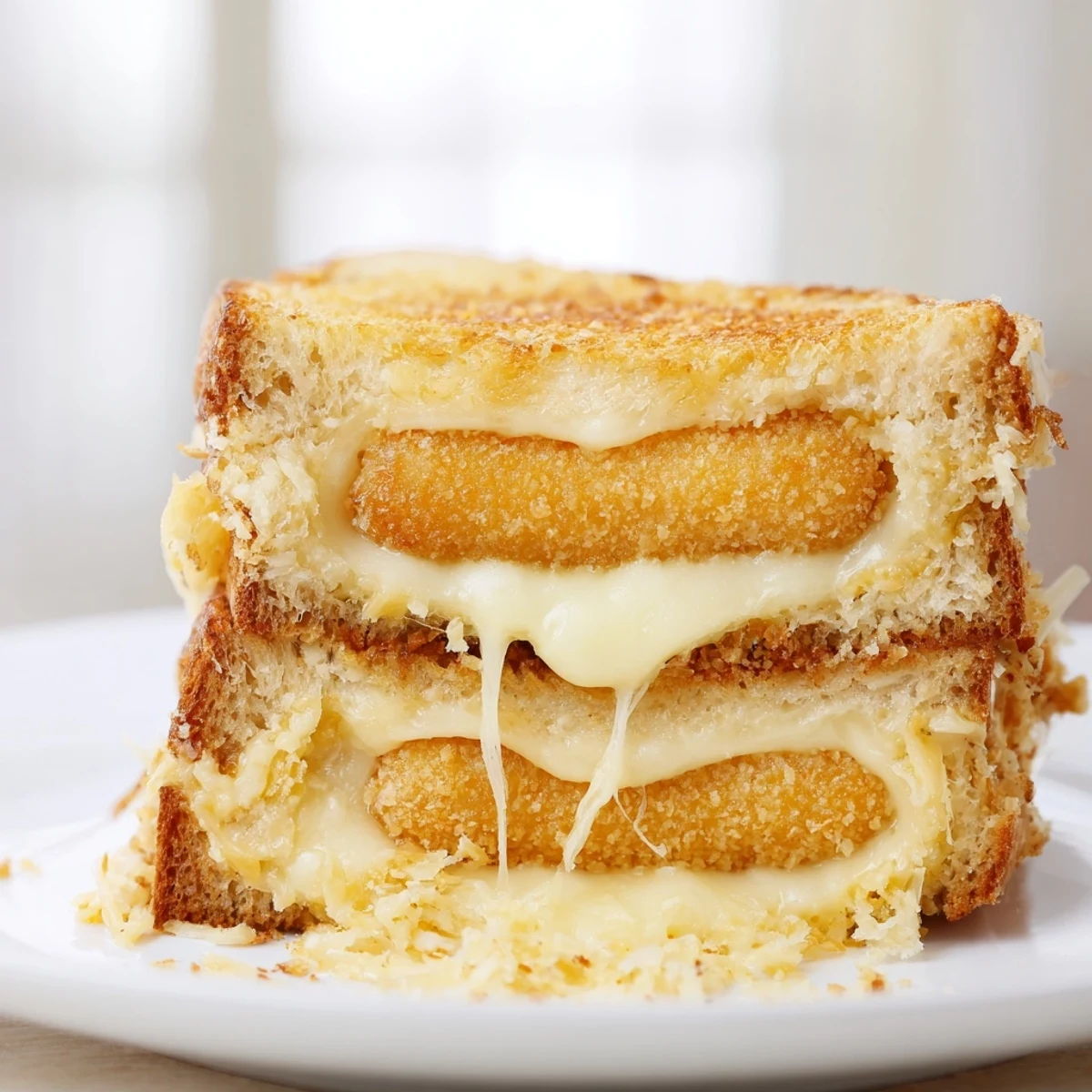 A close-up of the Mozzarella Stick Grilled Cheese, showing golden-brown, buttery sourdough pressed around oozing cheese and crunchy mozzarella sticks.  