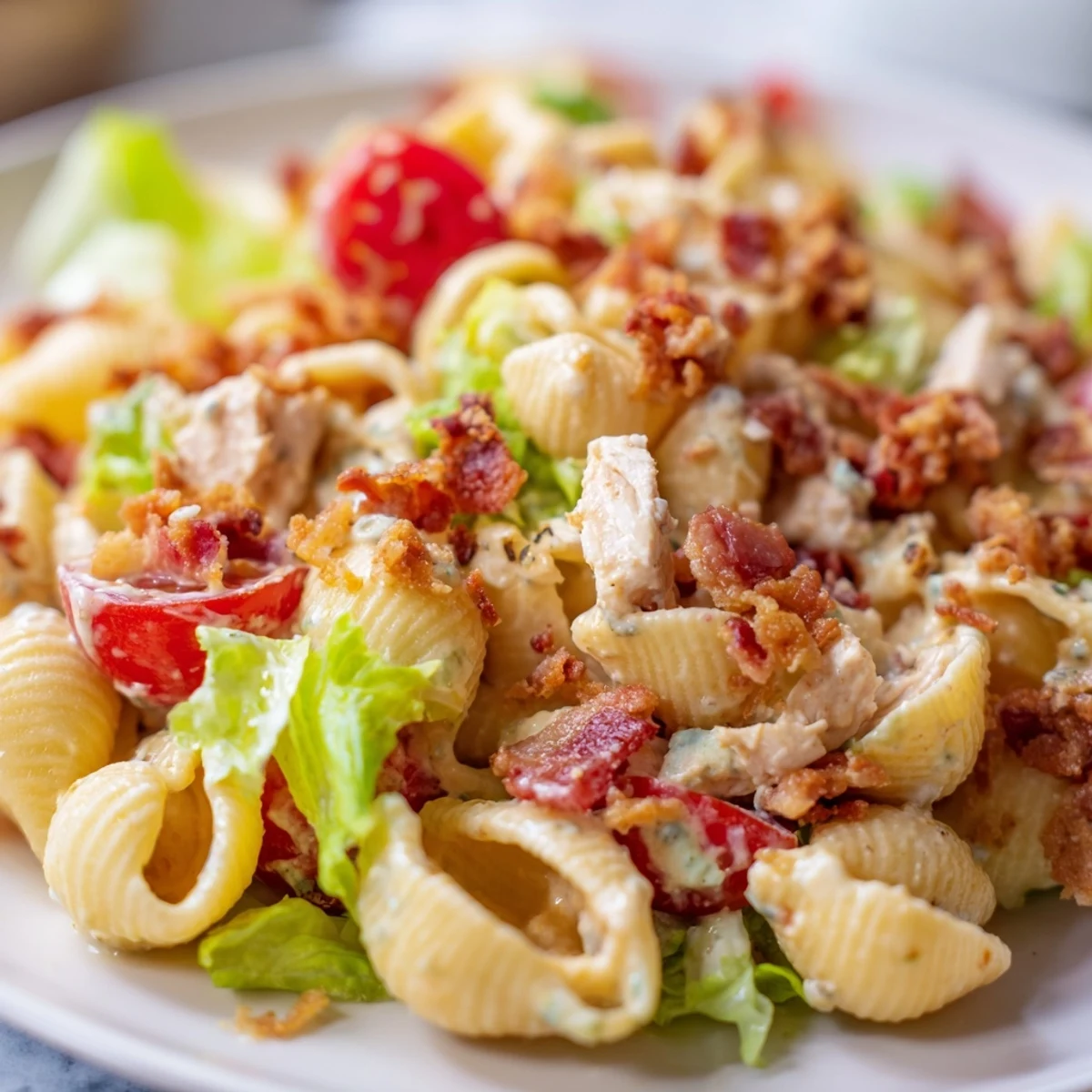 Creamy BLT Chicken Pasta Salad with crisp lettuce, juicy tomatoes, and smoky bacon crumbles in tender pasta shells.  