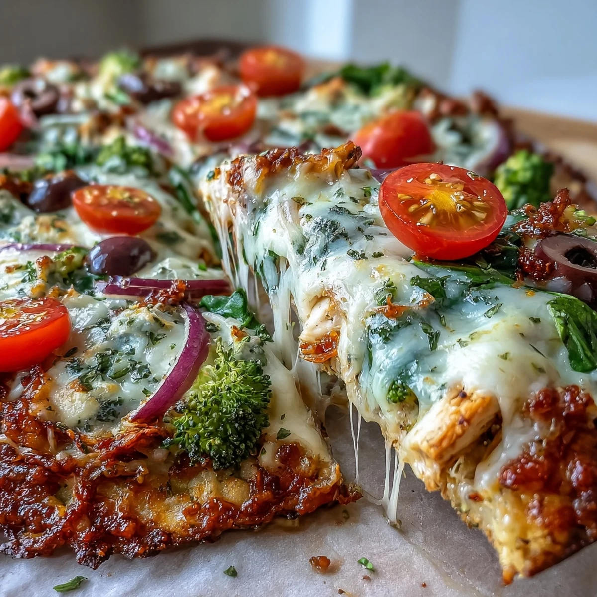 A close-up of a vibrant Broccoli Chicken Crust Pizza slice on a wooden board, topped with melted mozzarella, red onion, and fresh spinach leaves.