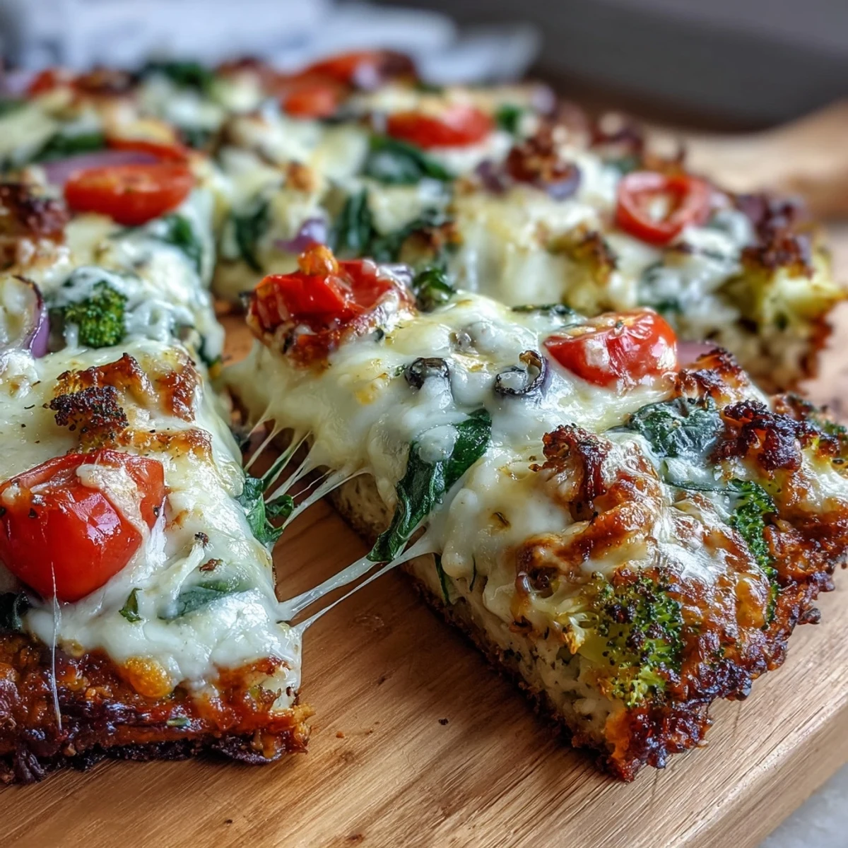 Broccoli Chicken Crust Pizza fresh from the oven, featuring a golden, crispy crust loaded with colorful bell peppers, olives, and cherry tomatoes.