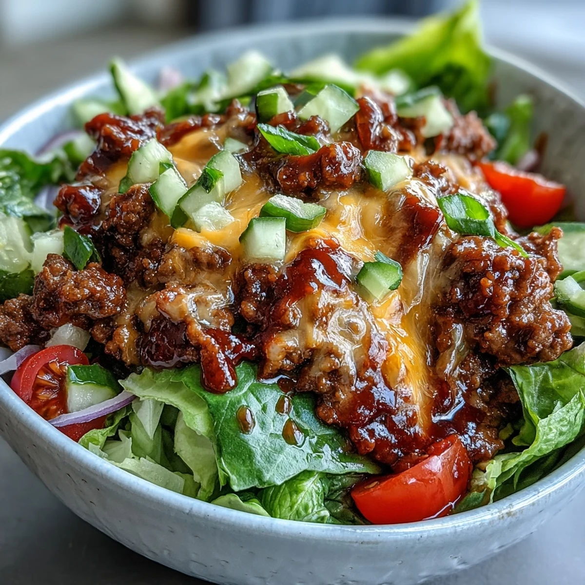 Taste iconic flavors: Easy Big Mac in a Bowl with cheesy, tangy goodness, ready for dinner.