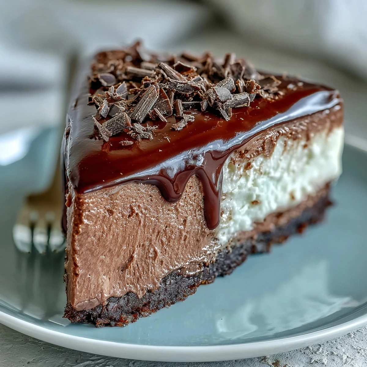 Decadent Lighter Chocolate Cottage Cheese Cheesecake, smooth and rich, ready for serving.