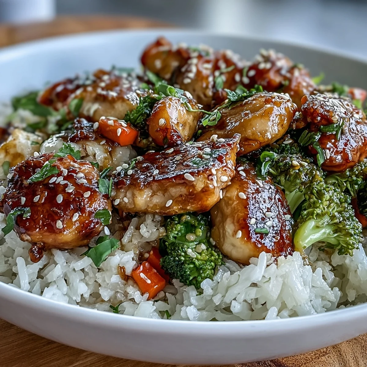 Savory One Pan Honey Garlic Chicken Broccoli Rice garnished with sesame seeds and green onions, served steaming hot from the skillet.