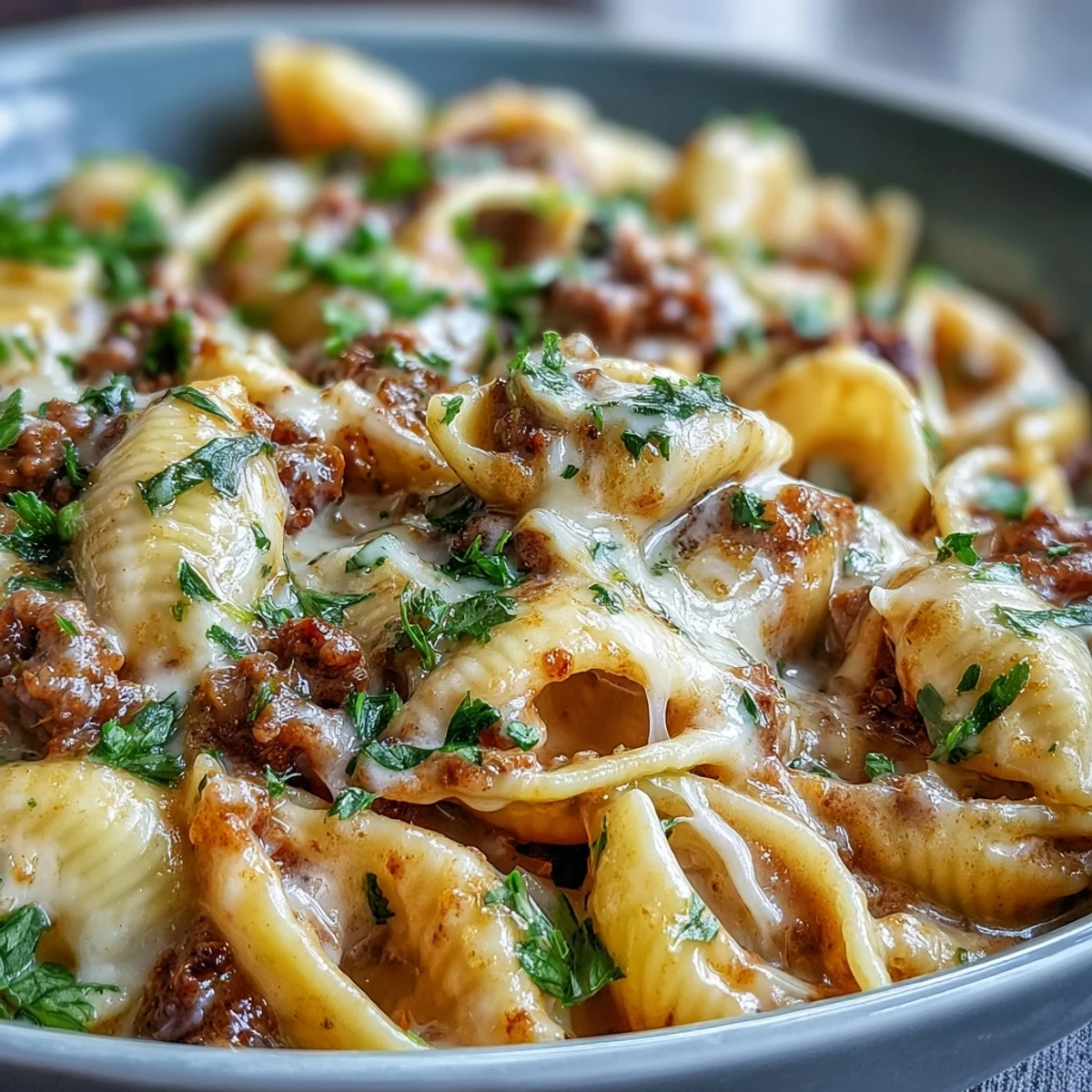 Hearty One Pot Creamy Beef and Shells, adorned with fresh parsley, ready to serve.