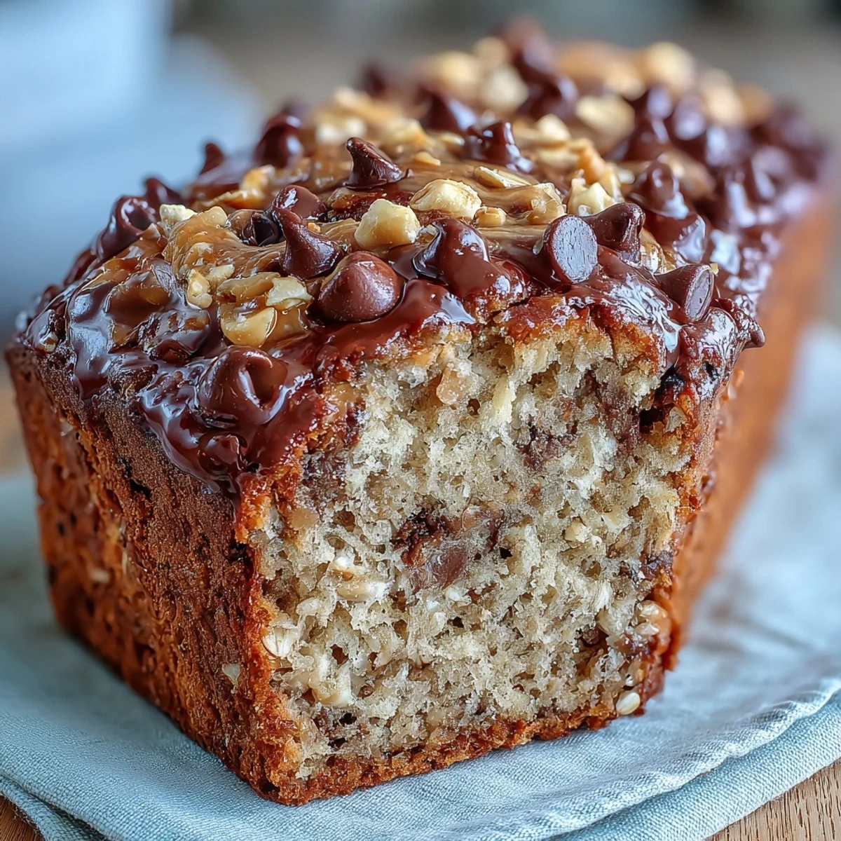 Golden brown slice of banana bread, bursting with peanuts, oats, and chocolate.