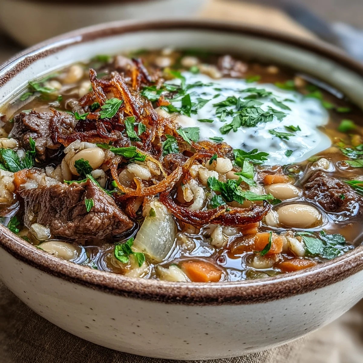 A warm bowl of Beef Barley Soup garnished with mint-fried onions and a swirl of sour cream beside fresh herbs and crusty bread.