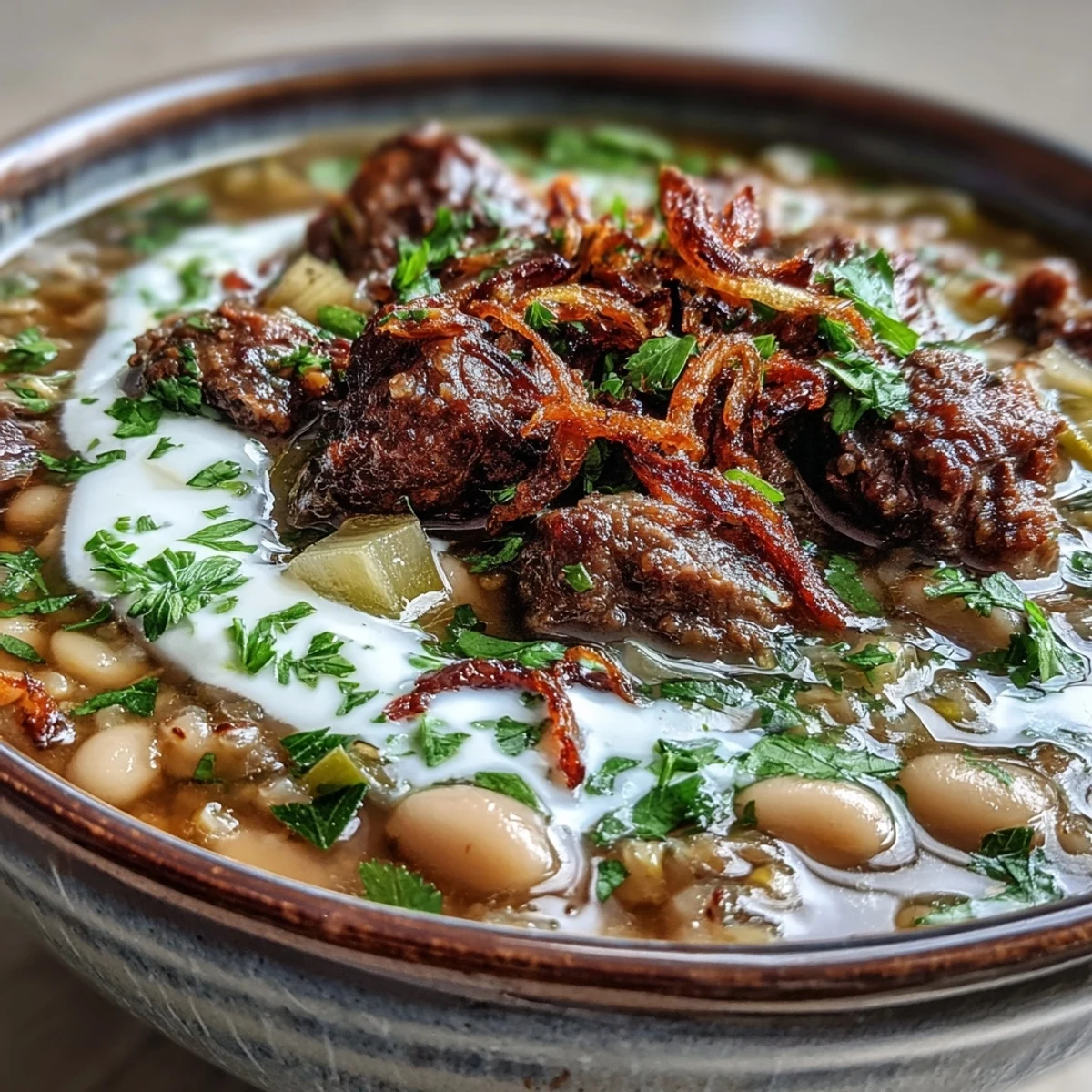 A close-up of Beef Barley Soup served in a rustic bowl, topped with crispy fried onions, mint, and a dollop sour cream.