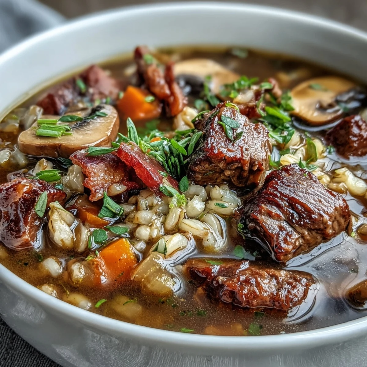 Steaming bowl of Beef and Barley Soup with Mushrooms, featuring tender beef, pancetta, and fresh parsley.