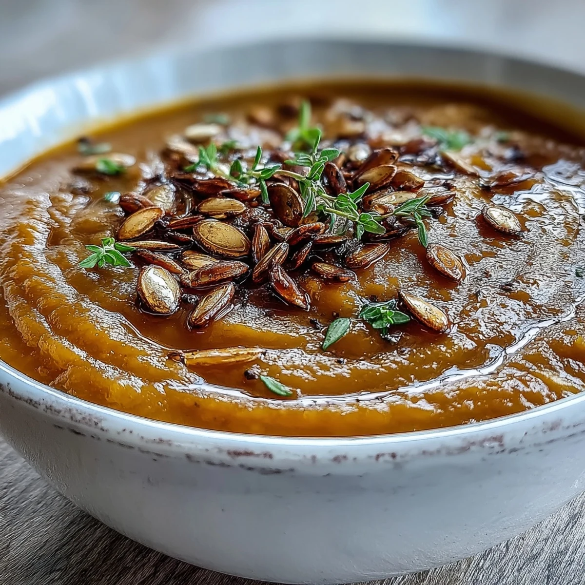 Steaming bowl of homemade butternut squash soup, garnished with fresh thyme and a swirl of cream for a rich, velvety finish.