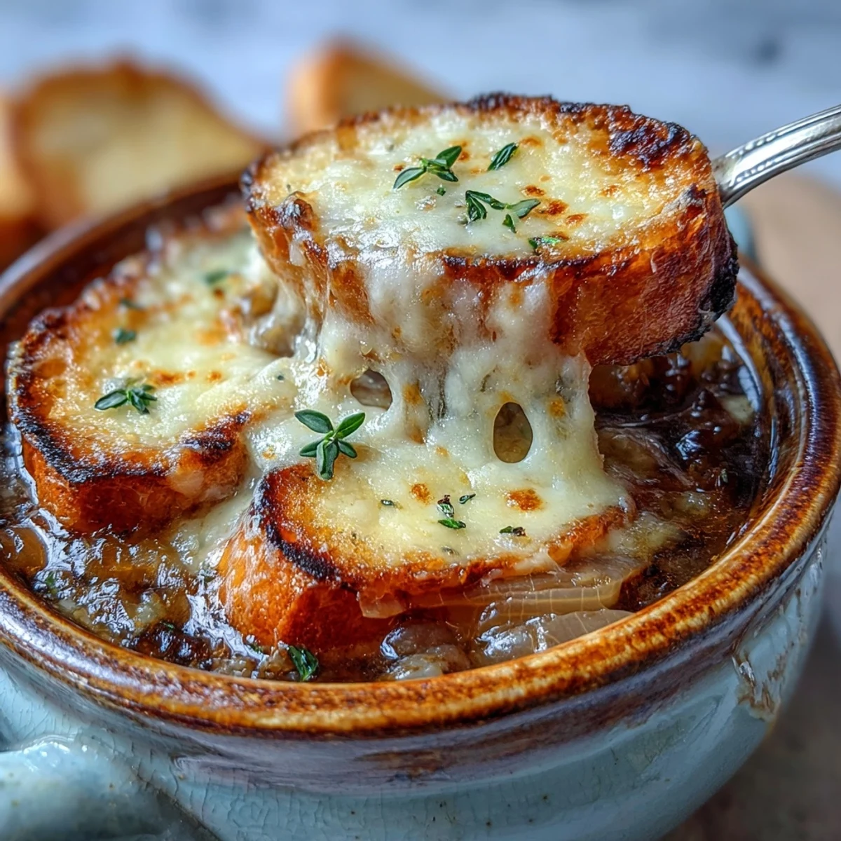 Rich French Onion Soup served in a rustic ceramic bowl, featuring deep brown broth and a crusty cheese-topped slice.