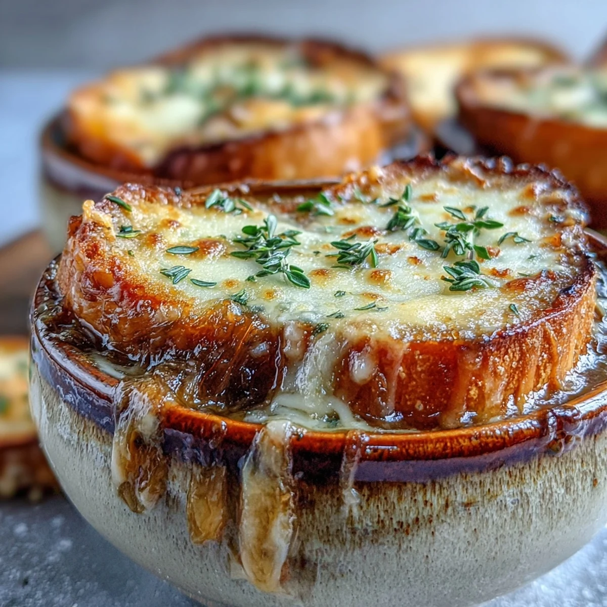 A warm bowl of French Onion Soup with golden, melted Gruyère bubbling over toasted baguette and caramelized onions.