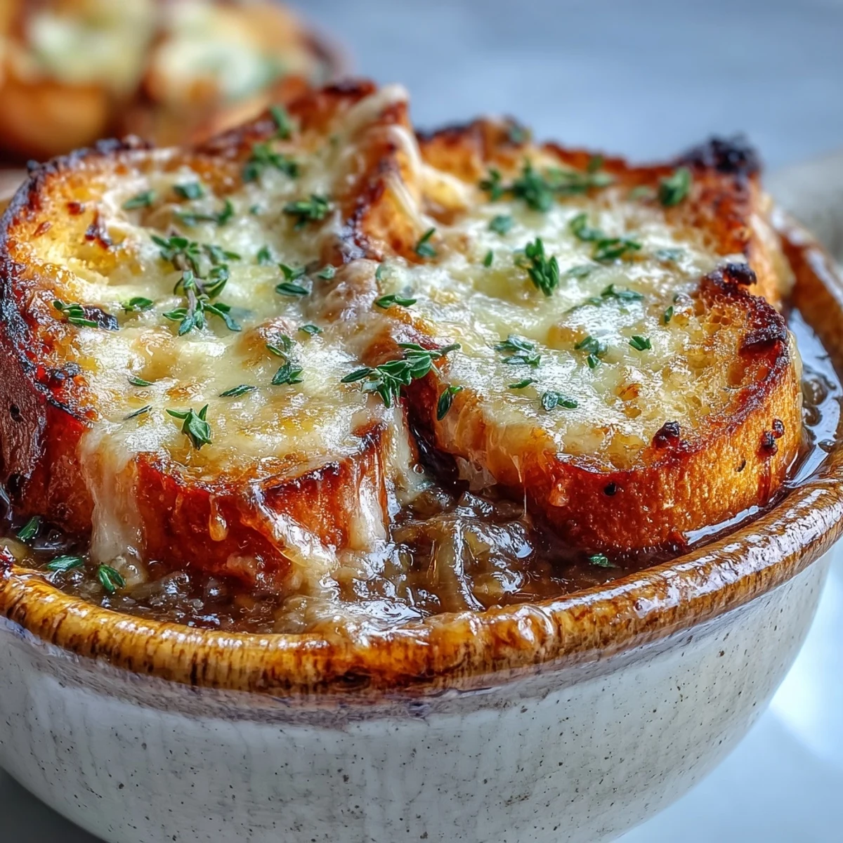 Steaming French Onion Soup garnished with fresh thyme, with a spoon resting beside the melted Gruyère and baguette.