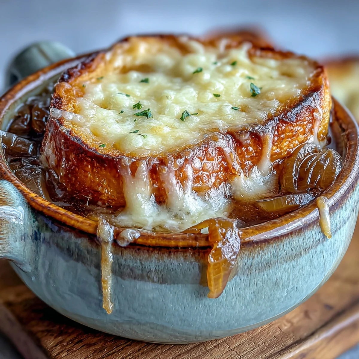 A warm bowl of Classic French Onion Soup features deeply caramelized onions and a golden, bubbly Gruyère cheese topping.