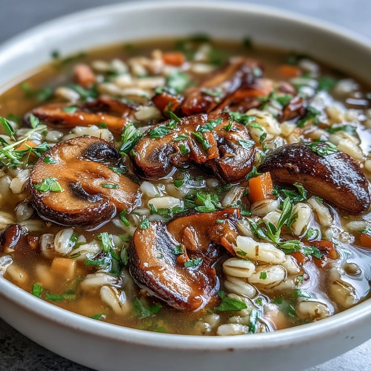 Close-up of Mushroom Barley Soup reveals diced carrots and celery in a thick, herb-infused broth with shiitake mushrooms for robust umami flavor.