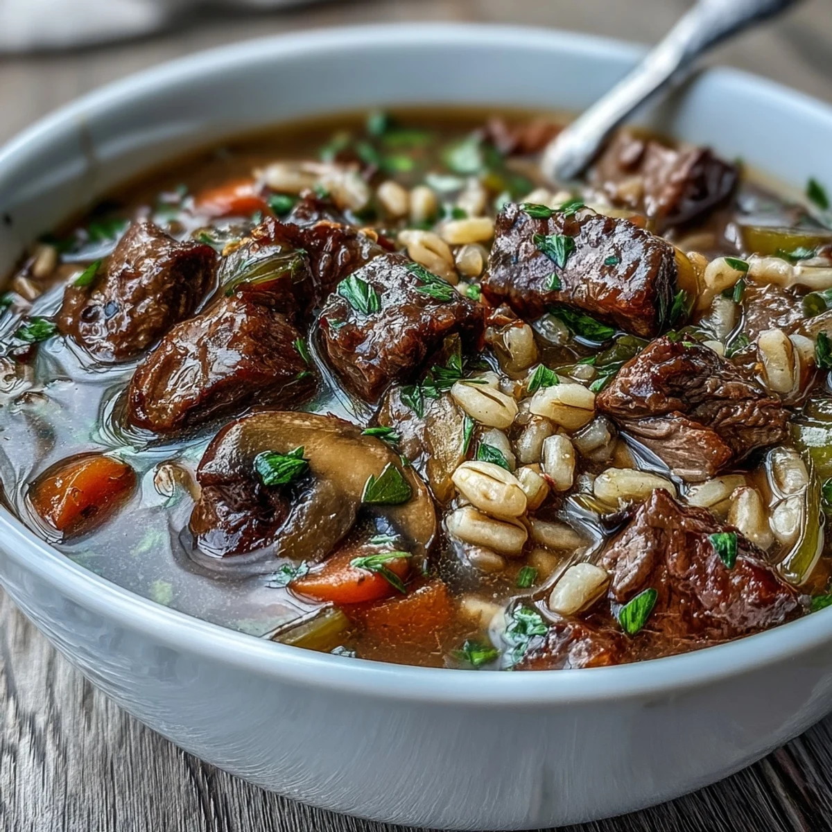 Steaming bowl of hearty Beef and Barley Soup with tender beef chunks and root vegetables.