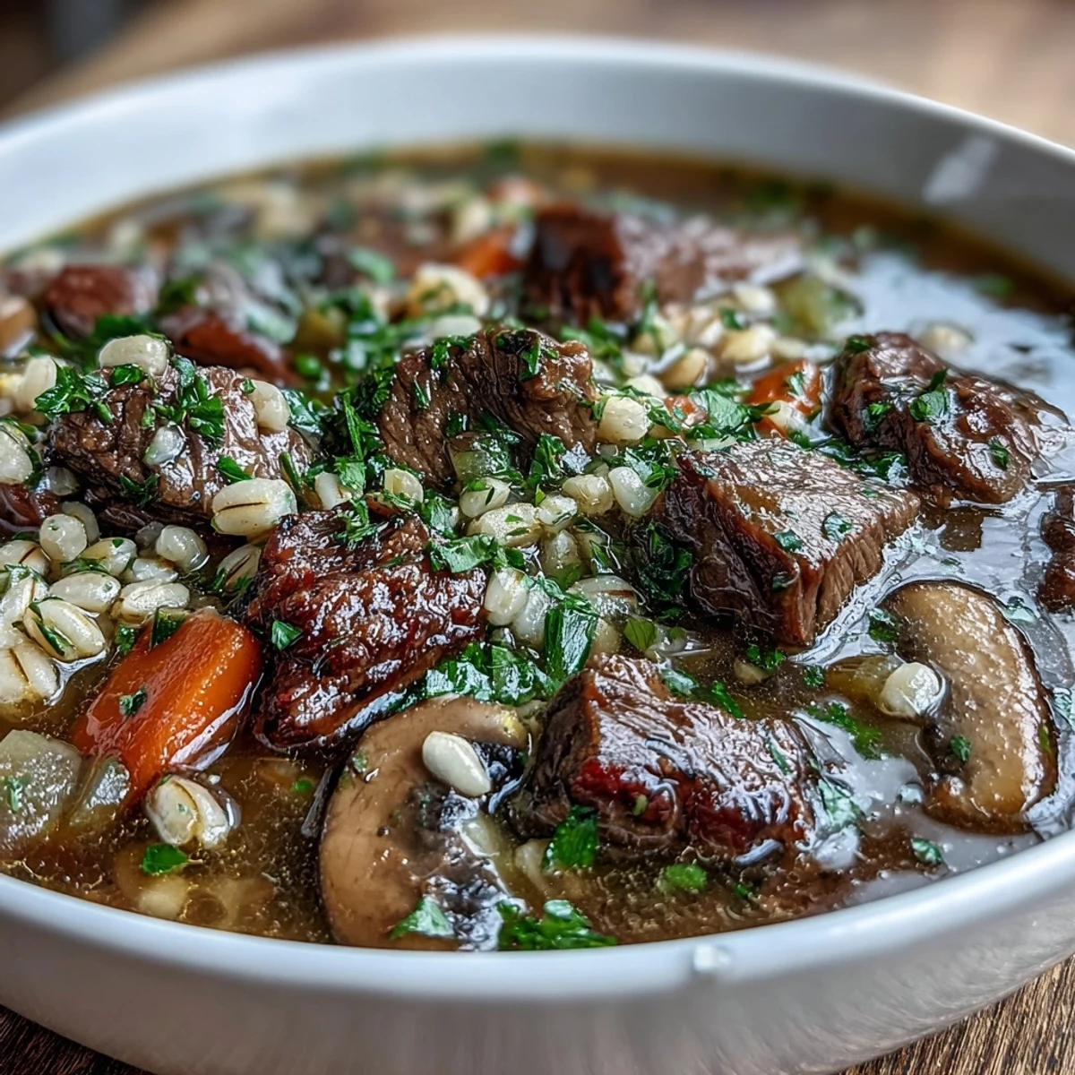 Homemade Beef and Barley Soup served in a ceramic bowl alongside crusty artisan bread.