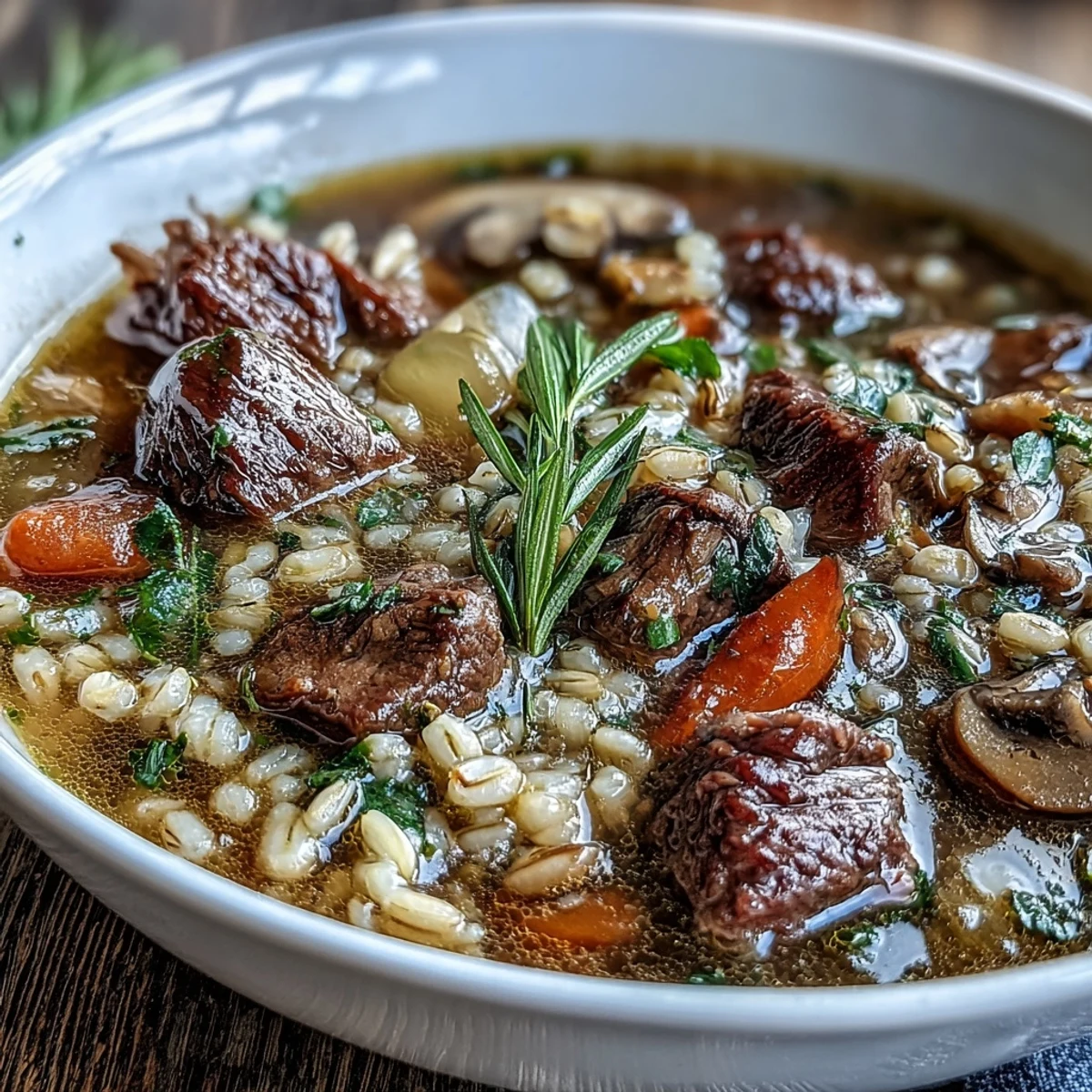 A rustic dutch oven of Beef and Barley Soup garnished with fresh parsley and thyme.