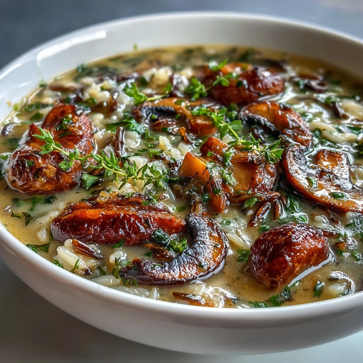Steaming pot of homemade Wild Rice Mushroom Soup on a stovetop, featuring a savory blend of earthy mushrooms, carrots, and wild rice.