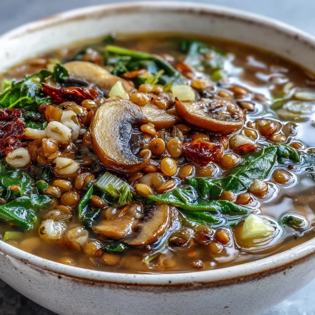 Close-up of hearty Double Lentil and Mushroom Barley Soup in a rustic bowl, highlighting sliced mushrooms, pearl barley, and fresh parsley.