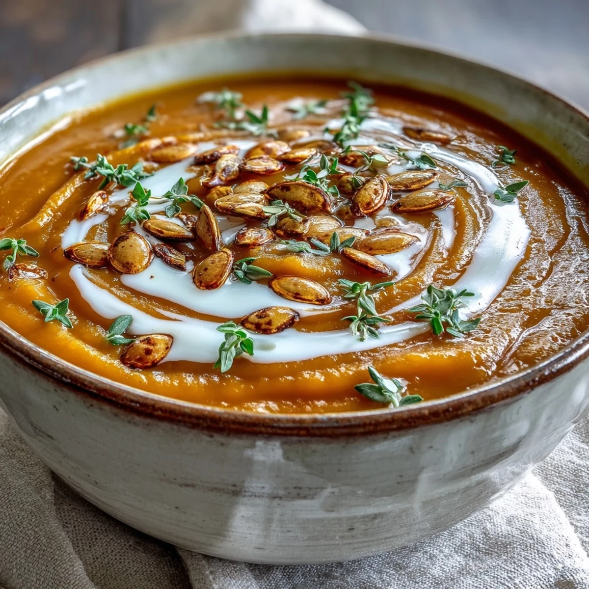 Velvety roasted butternut squash soup with a swirl of cream, served with crusty bread.