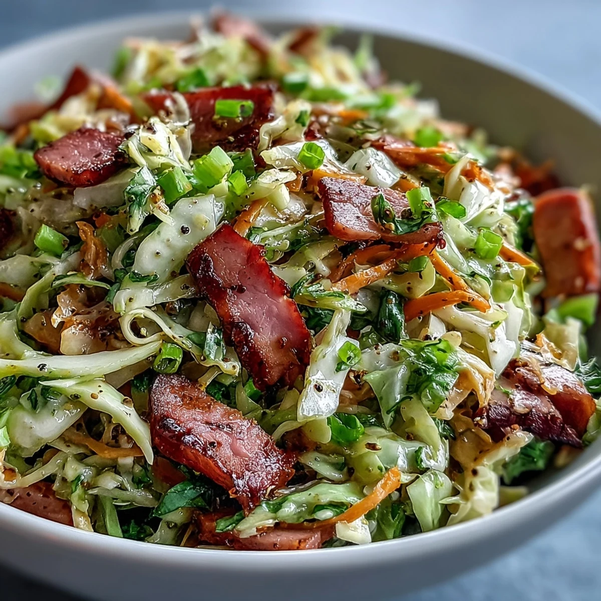 Close-up view of vibrant German Cabbage Coleslaw With Shredded Ham, showing flecks of red onion, grated carrot, and fresh parsley garnish on a rustic serving platter.