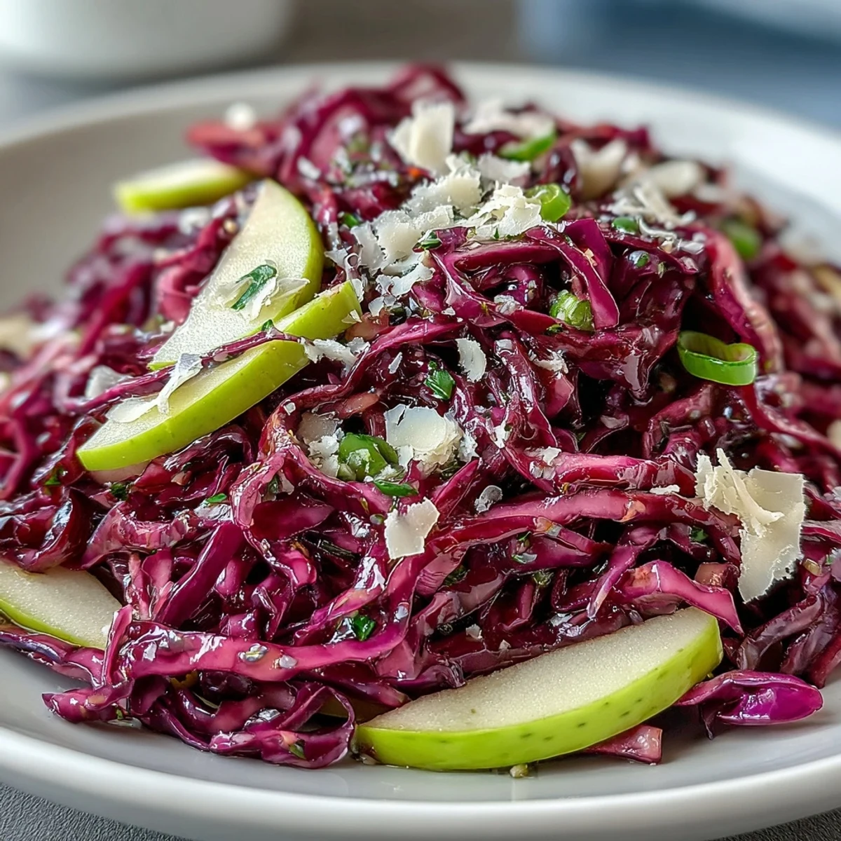 Freshly tossed Red Cabbage Coleslaw With Apple and Parmesan, with a tangy vinaigrette glistening on colorful, crunchy salad ingredients.  