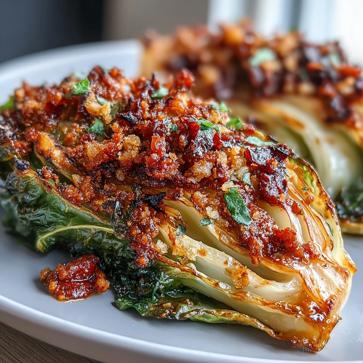 Golden roasted cabbage wedges glazed with olive oil and piled high on a platter with vibrant Baked Cabbage Salad With Winter Romesco.