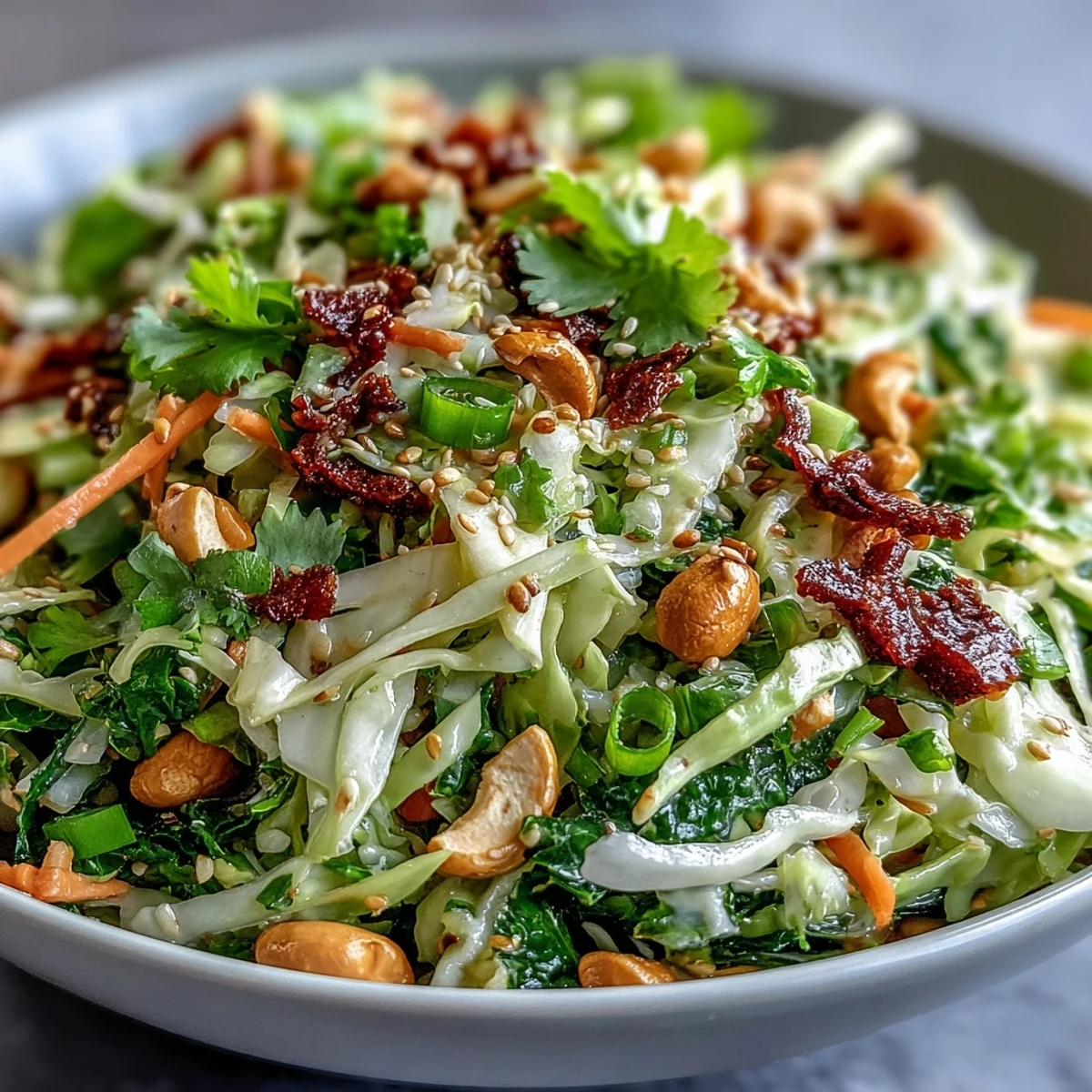 Freshly prepared Asian Cabbage Salad with crisp vegetables and herbs, ideal for pairing with grilled chicken or tofu.
