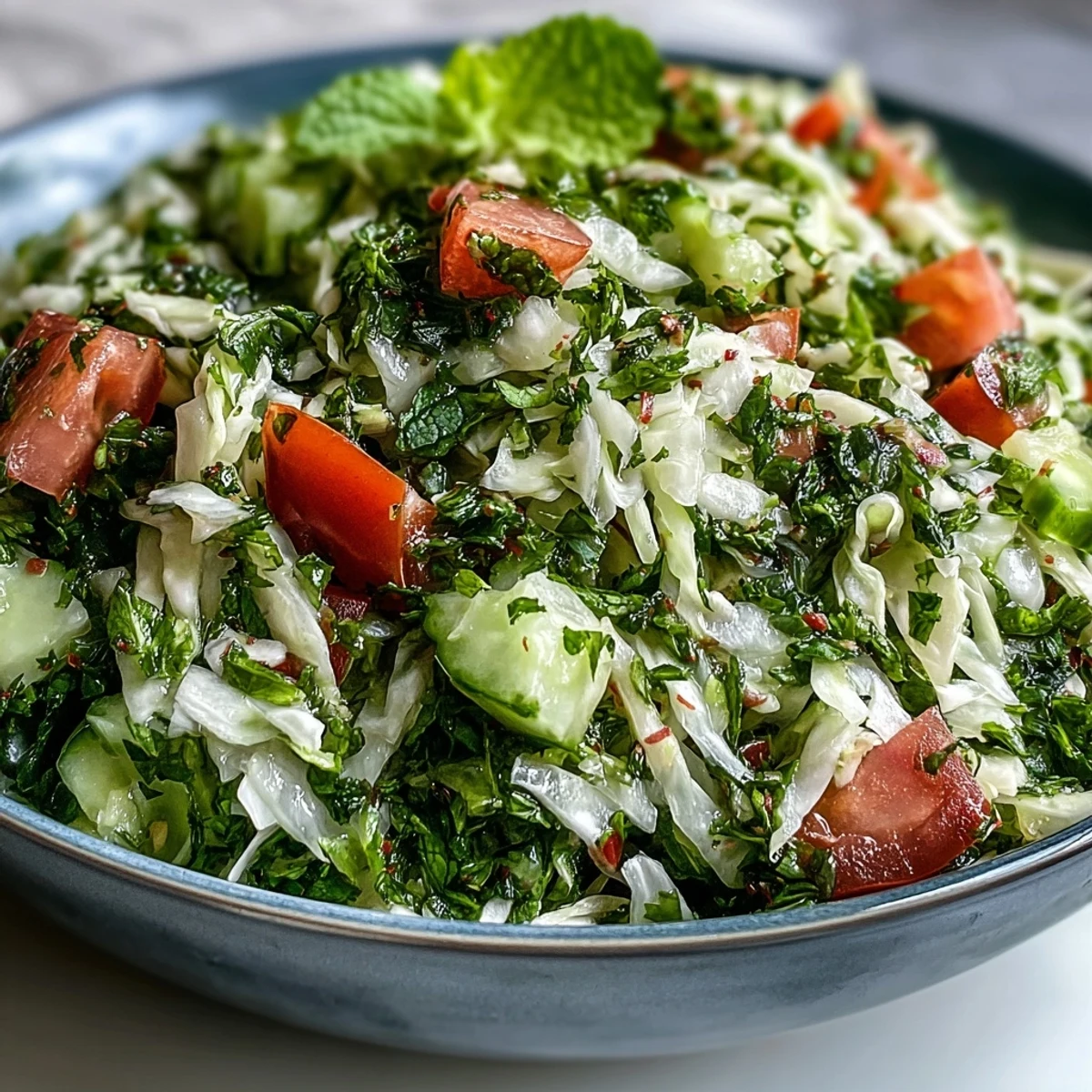 Finely shredded green cabbage, diced tomatoes, cucumbers, and fresh parsley and mint tossed in a zesty lemon dressing, creating this vibrant Lebanese Cabbage Salad.