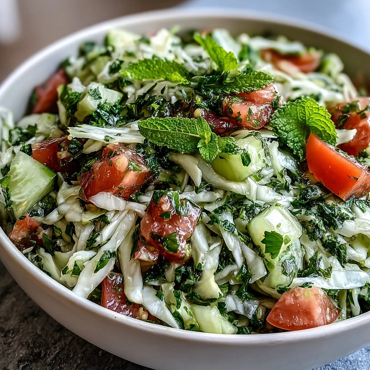 Bright and zesty Lebanese Cabbage Salad in a bowl, showcasing a colorful mix of vegetables and herbs, ready to serve chilled as a healthy dish.