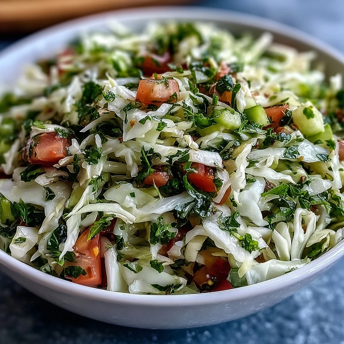 A close-up of the refreshing Lebanese Cabbage Salad, featuring crisp textures and fresh herbs, perfect as a light vegan side or main course.