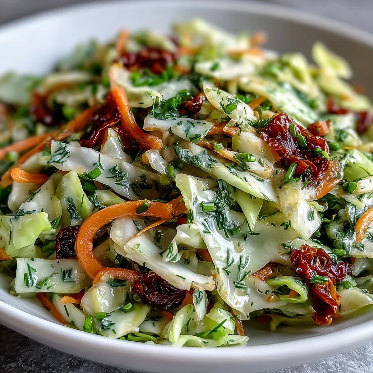 Cabbage Salad With Sundried Tomatoes served in a white bowl, loaded with crunchy vegetables, sweet tomatoes, and aromatic herbs, ready as a refreshing side or light lunch.