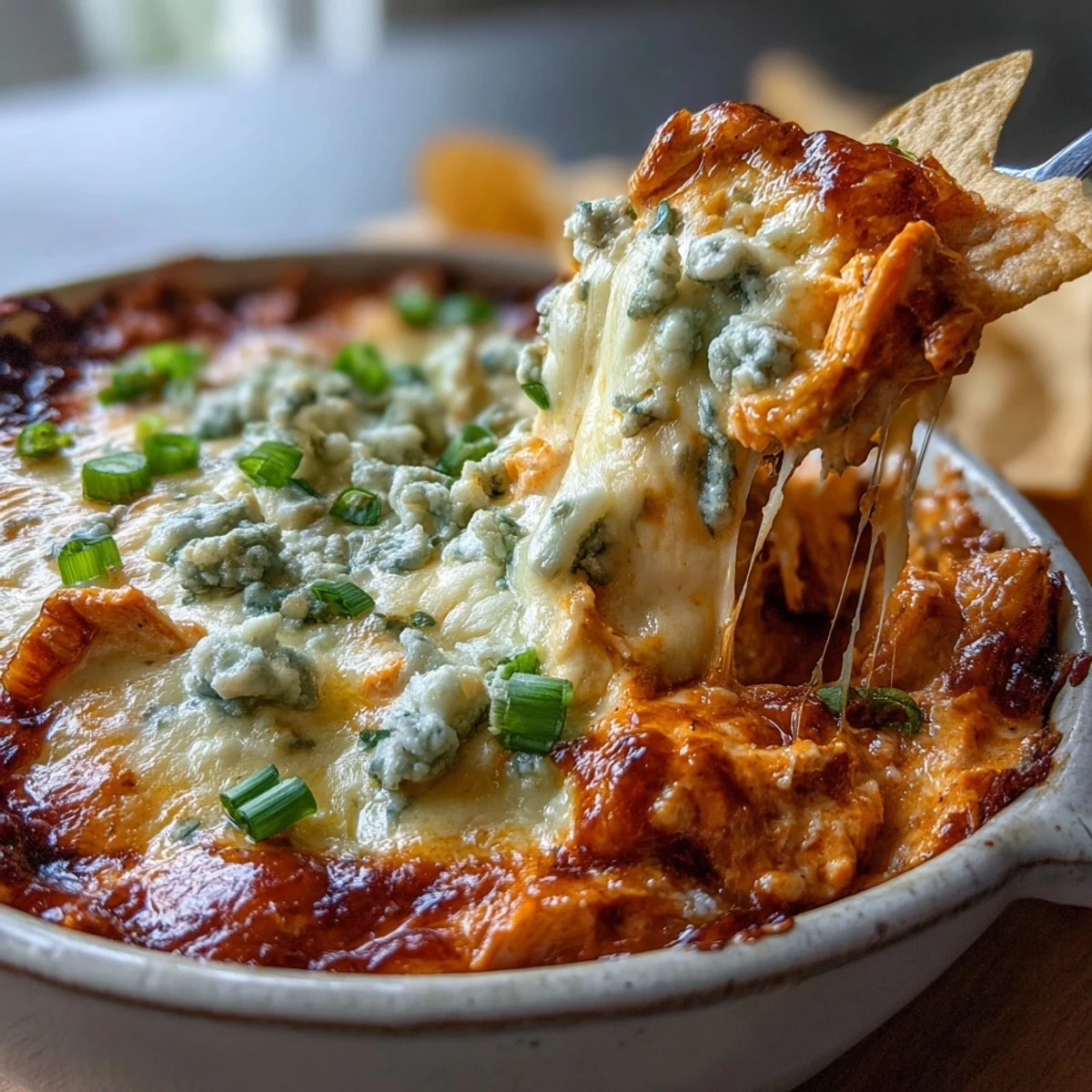 Steaming hot Buffalo Chicken Dip from the oven, featuring shredded chicken and blue cheese crumbles, perfect for game day sharing.