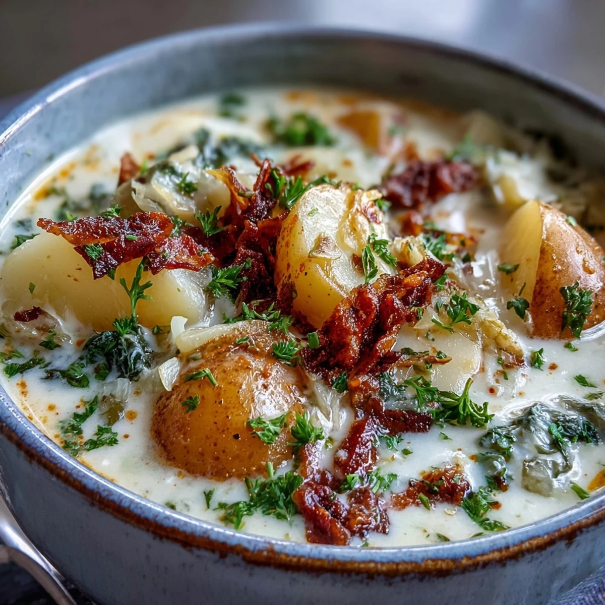 Homemade Creamy Potato Soup with Cabbage simmering on the stove, steaming and ready to ladle into bowls.
