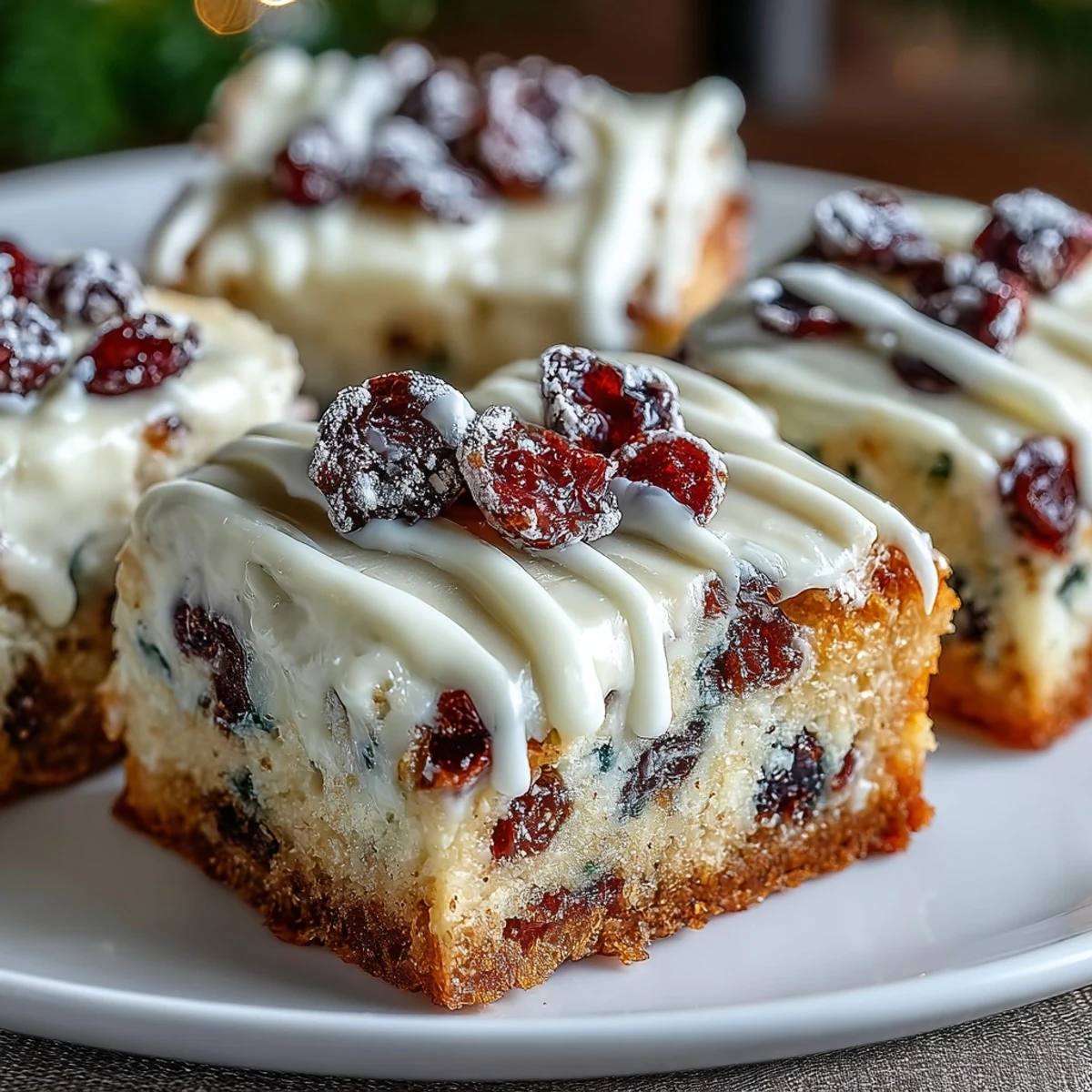 Thick Cranberry Bliss Bars with creamy zesty frosting, chopped cranberries, and melted white chocolate topping.