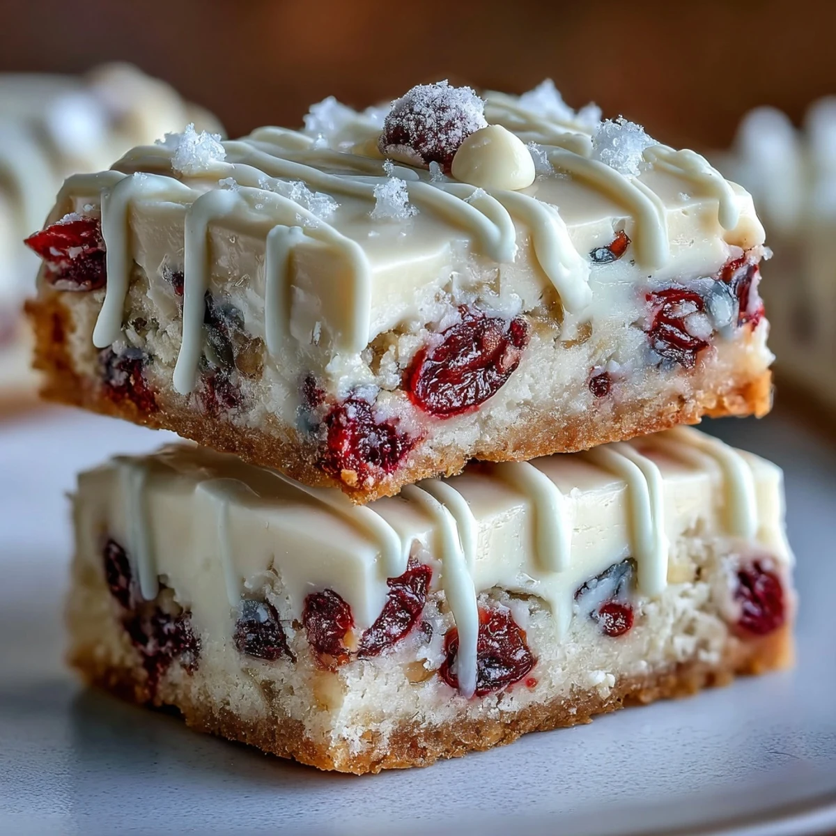 Homemade Cranberry Bliss Bars cut into squares, garnished with dried cranberries, ideal for holiday gatherings.