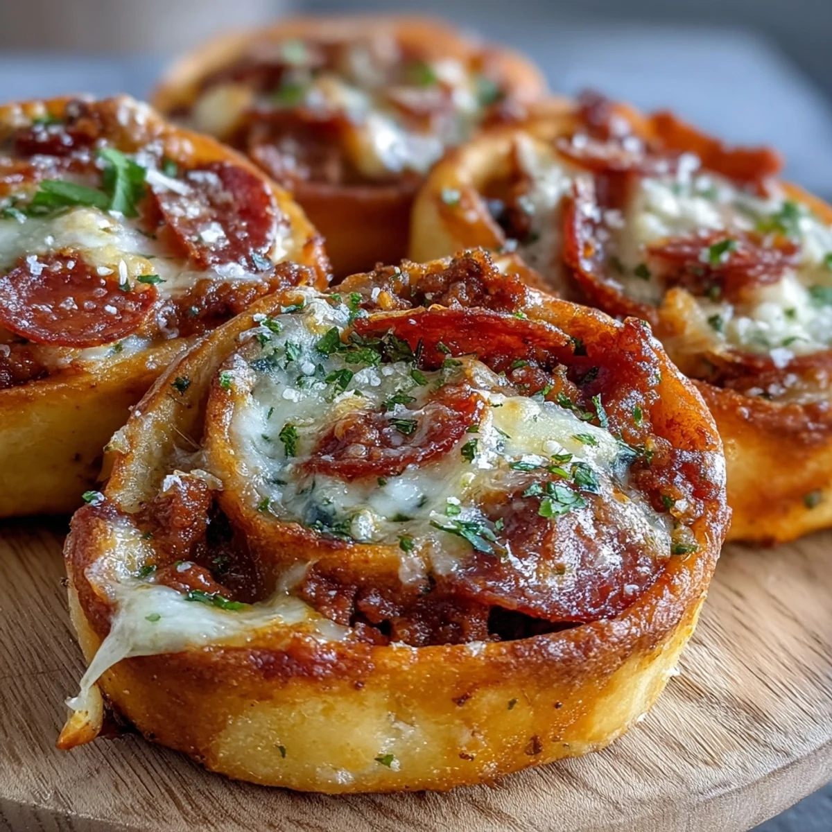 Freshly baked Irresistible High Protein Pepperoni Pizza Rolls are golden-brown and bubbling on a wooden board, served with a side of warm marinara for dipping.